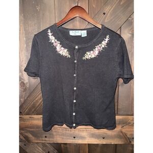 VTG San Michelle Bay Women's Sz Large Black Cardigan Sweater Beaded Flowers